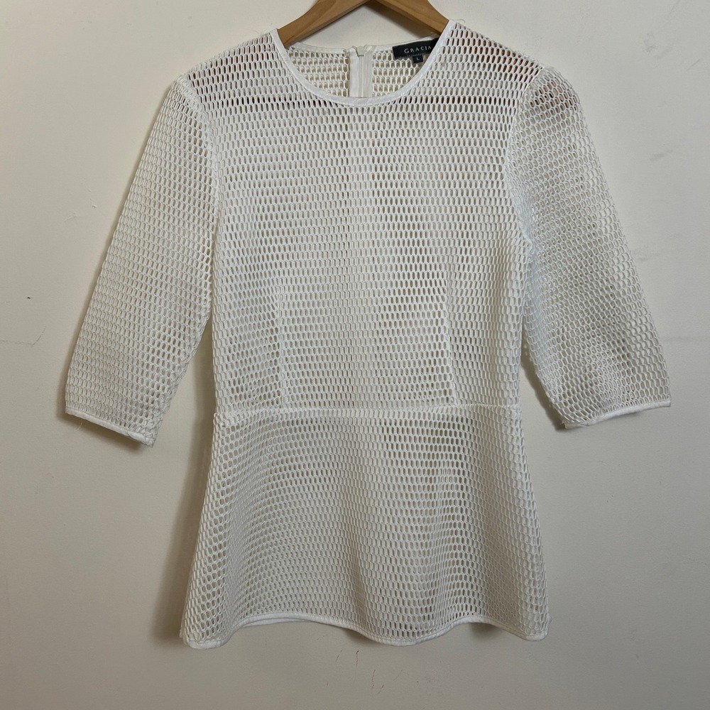 Gracia White Mesh Peplum‎ Top Honeycomb Structured Sheer 3/4 Sleeve Large